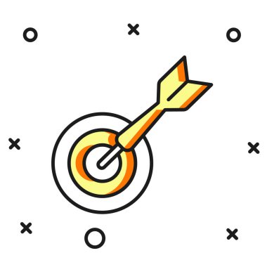 Beyaz arkaplanda izole edilmiş klasik dart tahtası ve ok simgesi. Dartboard işareti. Oyun konsepti. Düz çizgili, gölgeli. Vektör.