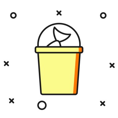 Beyaz arka planda izole edilmiş balık ikonu içeren ana hatlı balık kovası. Kovadaki balık. Düz çizgili, gölgeli. Vektör.