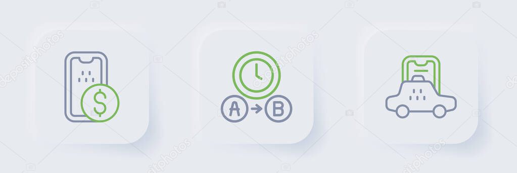 Set line Taxi mobile app waiting time and Mobile banking icon. Vector.