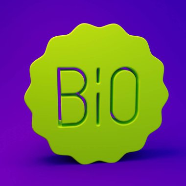 Yeşil Banner, etiket, etiket, biyoyeşil sağlıklı gıda ikonu için logo mor-mavi arka planda izole. Organik ürün. Sağlıklı yemek etiketi. Minimalizm kavramı. 3 Boyutlu resimleme.