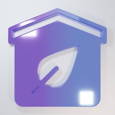 Mor-mavi çevre dostu ev simgesi gri arka planda izole edilmiş. Yapraklı eko ev. Minimalizm kavramı. 3 Boyutlu resimleme.