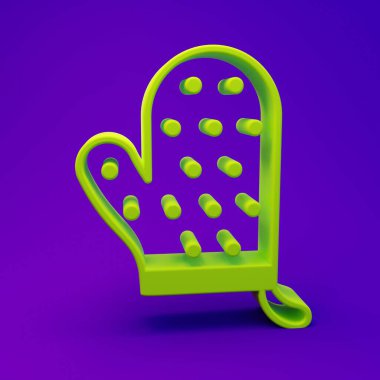 Mor-mavi arkaplanda yeşil fırın simgesi var. Mutfak tutacağı işareti. Yemek eldiveni. Minimalizm kavramı. 3 Boyutlu resimleme.