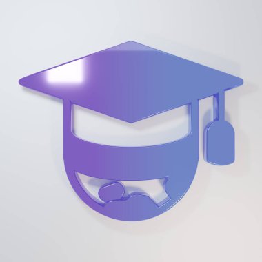 Dünya ikonunda mor-mavi mezuniyet şapkası gri arka planda izole edilmiş. Dünya eğitim sembolü. Çevrimiçi öğrenme ya da e-öğrenme kavramı. Minimalizm kavramı. 3 Boyutlu resimleme.