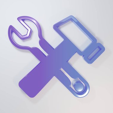 Mor-mavi çapraz çekiç ve anahtar simgesi gri arkaplanda izole edilmiş. Donanım aletleri. Minimalizm kavramı. 3 Boyutlu resimleme.