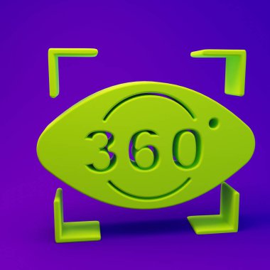 Mor-mavi arkaplanda izole edilmiş yeşil 360 derecelik görüntü simgesi. Sanal gerçeklik. 360 derecelik açıyla. Panorama fotoğrafı. Minimalizm kavramı. 3 Boyutlu resimleme.