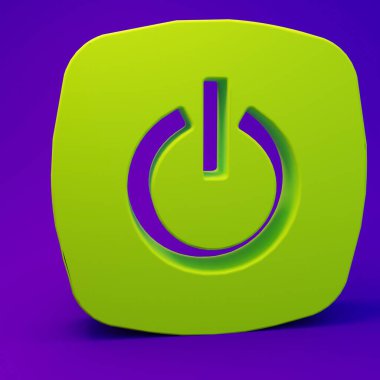 Mor-mavi arkaplanda yeşil güç simgesi izole edildi. Başlat işareti. Minimalizm kavramı. 3 Boyutlu resimleme.