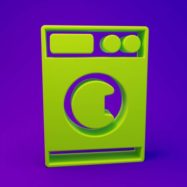 Mor-mavi arkaplanda yeşil çamaşır makinesi simgesi izole edildi. Çamaşır makinesi simgesi. Çamaşır makinesi, çamaşır makinesi. Ev aletleri sembolü. Minimalizm kavramı. 3 Boyutlu resimleme.