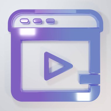 Mor-mavi video reklam ikonu gri arkaplanda izole edildi. Pazarlama ve tanıtım süreci kavramı. İlgili reklamlar. Sosyal medya reklamcılığı. Minimalizm kavramı. 3 Boyutlu resimleme.