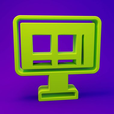 Mor-mavi arkaplanda izole edilmiş ekran simgesinde Green Online alışveriş. Konsept e-ticaret, e-ticaret, online iş pazarlama. Minimalizm kavramı. 3 Boyutlu resimleme.