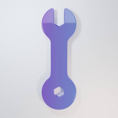 Mor-mavi İngiliz anahtarı simgesi gri arkaplanda izole edildi. Anahtar tamir aleti. Servis aracı sembolü. Minimalizm kavramı. 3 Boyutlu resimleme.