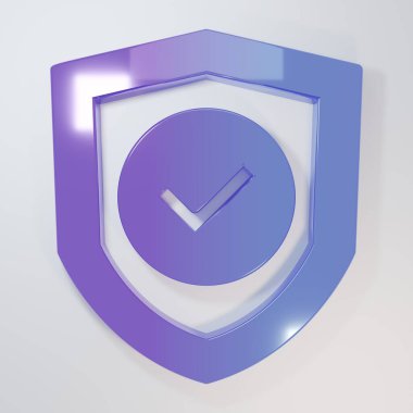 Gri arkaplanda kontrol işareti simgesi olan mor-mavi bir kalkan. Koruma sembolü. Güvenlik kontrolü Simge. Kene izi onaylı simge. Minimalizm kavramı. 3 Boyutlu resimleme.