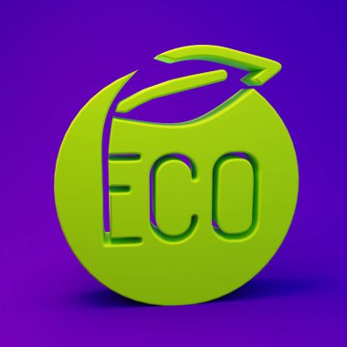 Yeşil Banner, etiket, etiket, eko yeşil sağlıklı yiyecek simgesi için logo mor-mavi arka planda izole edilmiş. Organik ürün. Sağlıklı yemek etiketi. Minimalizm kavramı. 3 Boyutlu resimleme.