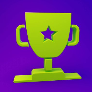 Mor-mavi arka planda izole edilmiş Yeşil Ödül kupa ikonu. Galibiyet ödülü sembolü. Şampiyonluk ya da yarışma kupası. Spor başarısı işareti. Minimalizm kavramı. 3 Boyutlu resimleme.