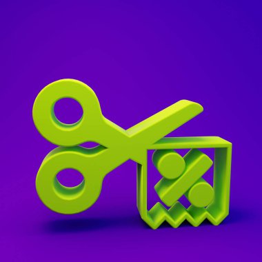 Yeşil Makas mor-mavi arka planda izole edilmiş indirim kuponu simgesini keser. Online bir süpermarkette düşük fiyattan ya da yarı fiyatına satış yapma fikri. Minimalizm kavramı. 3 Boyutlu resimleme.