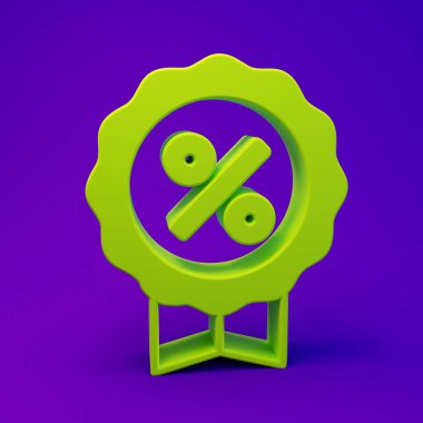 Yeşil İndirim etiketi simgesi mor-mavi arka planda izole edildi. Etiket alışverişi. Özel teklif işareti. İndirim kuponları sembolü. Minimalizm kavramı. 3 Boyutlu resimleme.