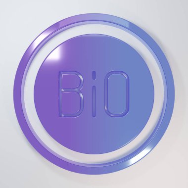 Mor-mavi Banner, etiket, etiket, biyoyeşil sağlıklı yiyecek simgesi için logo gri arka planda izole edilmiş. Organik ürün. Sağlıklı yemek etiketi. Minimalizm kavramı. 3 Boyutlu resimleme.