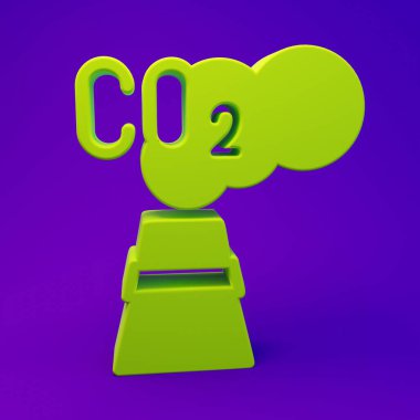 Bulut simgesindeki yeşil CO2 emisyonları mor-mavi arka planda izole edildi. Karbondioksit formülü, duman kirliliği konsepti, çevre konsepti. Minimalizm kavramı. 3 Boyutlu resimleme.