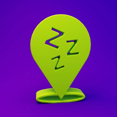 Mor-mavi arkaplanda izole edilmiş Yeşil Uykucu simgesi. Uykucu Zzzz konuşma balonu. Minimalizm kavramı. 3 Boyutlu resimleme.