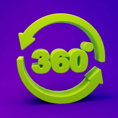 Mor-mavi arkaplanda izole edilmiş yeşil 360 derecelik görüntü simgesi. Sanal gerçeklik. 360 derecelik açıyla. Panorama fotoğrafı. Minimalizm kavramı. 3 Boyutlu resimleme.