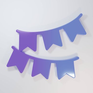 Mor-mavi karnaval çelengi. Gri arkaplanda bayrak simgesi var. Doğum günü kutlaması için parti flamaları, festival dekorasyonu. Minimalizm kavramı. 3 Boyutlu resimleme.