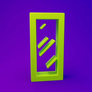 Yatak odası, mağazalar, sahne arkası ikonu için mor-mavi arka plan için yeşil büyük boy ayna. Minimalizm kavramı. 3 Boyutlu resimleme.