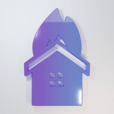 Yanan ev ikonundaki mor-mavi yangın gri arka planda izole edilmiş. Sigorta konsepti. Güvenlik, güvenlik, koruma, konsept koruma. Minimalizm kavramı. 3 Boyutlu resimleme.