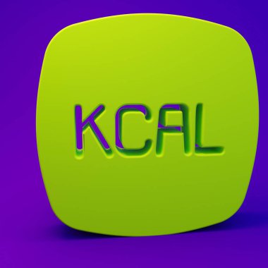 Yeşil Kcal simgesi mor-mavi arkaplanda izole edildi. Sağlıklı yemek. Minimalizm kavramı. 3 Boyutlu resimleme.