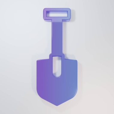 Mor-mavi kürek simgesi gri arkaplanda izole edildi. Bahçe aletleri. Bahçecilik, tarım, çiftçilik aleti. Minimalizm kavramı. 3 Boyutlu resimleme.