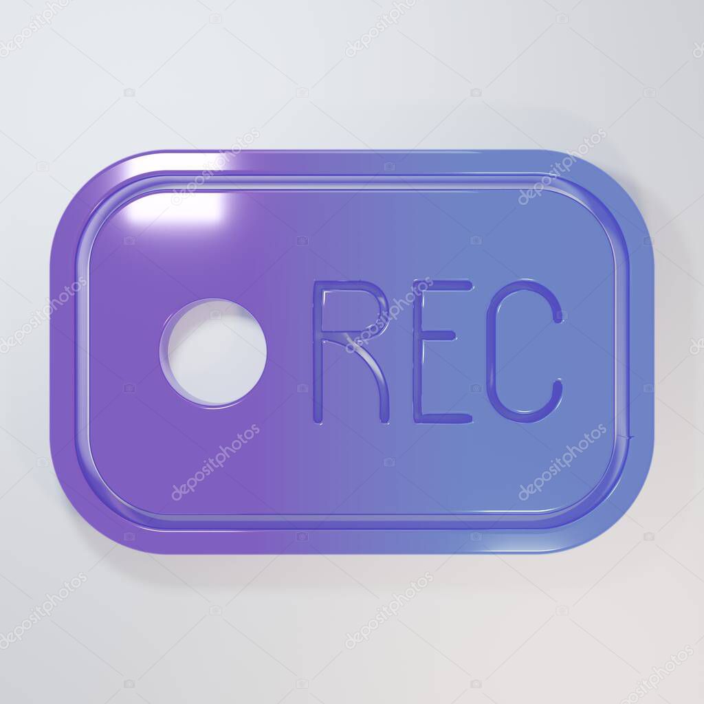 Purple-blue Record button icon isolated on grey background. Rec button. Minimalism concept. 3D render illustration.