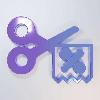 Mor-mavi makas gri arka planda izole edilmiş indirim kuponu simgesini keser. Online bir süpermarkette düşük fiyattan ya da yarı fiyatına satış yapma fikri. Minimalizm kavramı. 3 Boyutlu resimleme.