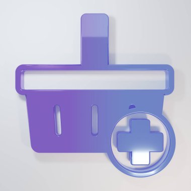 Gri arkaplanda Mor-Mavi Alışveriş Sepeti simgesine Ekle. İnternetten satın alma konsepti. Teslimat servisi. Süpermarket sepeti sembolü. Minimalizm kavramı. 3 Boyutlu resimleme.