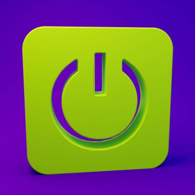 Mor-mavi arkaplanda yeşil güç simgesi izole edildi. Başlat işareti. Minimalizm kavramı. 3 Boyutlu resimleme.