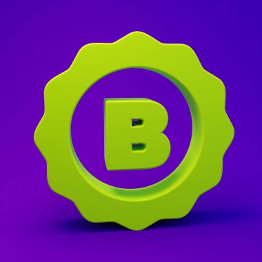 Mor-mavi arka planda izole edilmiş bira ikonlu yeşil şişe kapağı. Minimalizm kavramı. 3 Boyutlu resimleme.