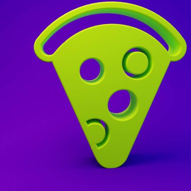 Mor-mavi arka planda izole edilmiş yeşil dilim pizza ikonu. Fast food menüsü. Minimalizm kavramı. 3 Boyutlu resimleme.