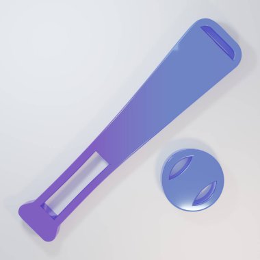Gri zemin üzerinde top ikonu olan mor-mavi beysbol sopası. Minimalizm kavramı. 3 Boyutlu resimleme.
