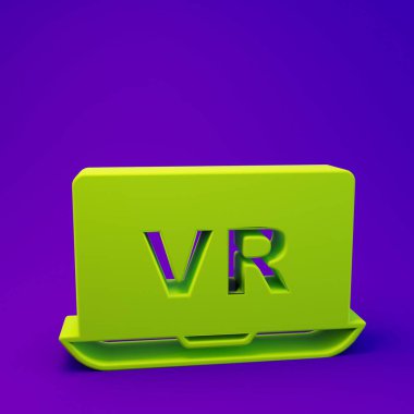 Mor-mavi arkaplanda izole edilmiş Yeşil Sanal gerçeklik simgesi. Gelecekçi VR baş ekran tasarımı. Minimalizm kavramı. 3 Boyutlu resimleme.