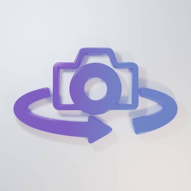 Mor-mavi 360 derecelik görüntü simgesi gri arkaplanda izole edildi. Sanal gerçeklik. 360 derecelik açıyla. Panorama fotoğrafı. Minimalizm kavramı. 3 Boyutlu resimleme.