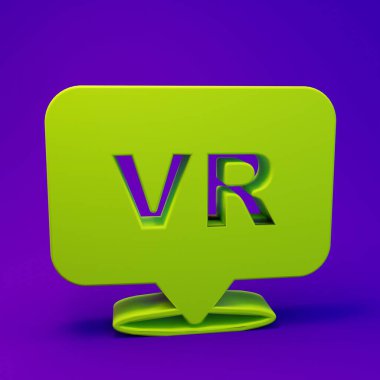 Mor-mavi arkaplanda izole edilmiş Yeşil Sanal gerçeklik simgesi. Gelecekçi VR baş ekran tasarımı. Minimalizm kavramı. 3 Boyutlu resimleme.