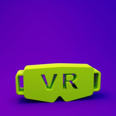 Mor-mavi arkaplanda izole edilmiş yeşil sanal gerçeklik gözlüğü simgesi. Stereoskopik 3D VR maskesi. Optik baş monte edildi. Minimalizm kavramı. 3 Boyutlu resimleme.