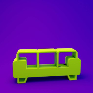 Mor-mavi arkaplanda yeşil kanepe simgesi izole edildi. Minimalizm kavramı. 3 Boyutlu resimleme.