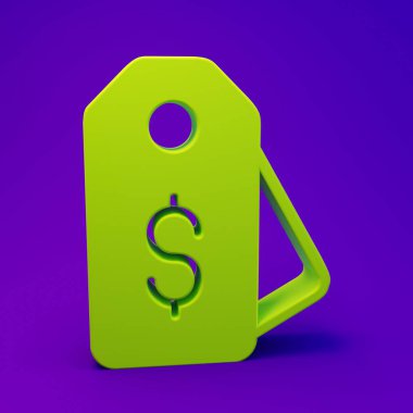 Mor-mavi arka planda dolar simgesi olan yeşil etiket. Rozet fiyatına. Dolar sembollü indirim. Reklam etiketi indirimi. Minimalizm kavramı. 3 Boyutlu resimleme.