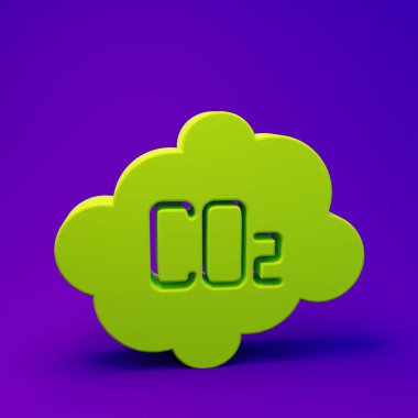 Bulut simgesindeki yeşil CO2 emisyonları mor-mavi arka planda izole edildi. Karbondioksit formülü, duman kirliliği konsepti, çevre konsepti. Minimalizm kavramı. 3 Boyutlu resimleme.