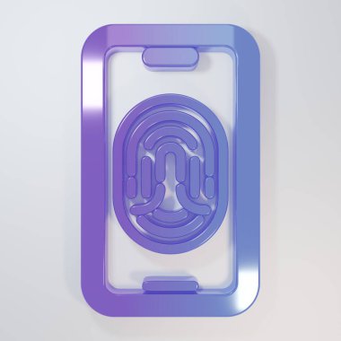 Gri arkaplanda parmak izi tarama simgesine sahip mor-mavi akıllı telefon. Güvenlik kavramı, cep telefonundan kişisel erişim. Minimalizm kavramı. 3 Boyutlu resimleme.