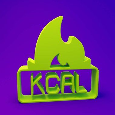 Yeşil Kcal simgesi mor-mavi arkaplanda izole edildi. Sağlıklı yemek. Minimalizm kavramı. 3 Boyutlu resimleme.