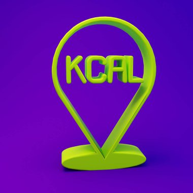 Yeşil Kcal simgesi mor-mavi arkaplanda izole edildi. Sağlıklı yemek. Minimalizm kavramı. 3 Boyutlu resimleme.