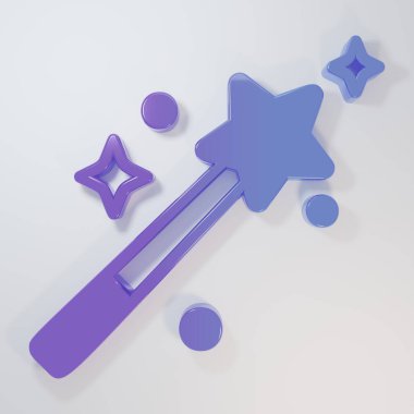 Mor-mavi sihirli değnek, gri arka planda izole edilmiş. Yıldız şeklinde sihirli aksesuar. Sihirli güç. Minimalizm kavramı. 3 Boyutlu resimleme.