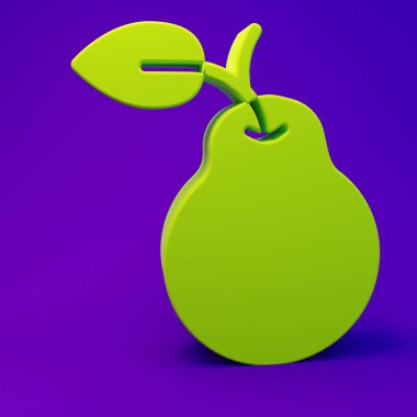 Yeşil Armut simgesi mor-mavi arkaplanda izole edildi. Yaprak sembollü meyve. Minimalizm kavramı. 3 Boyutlu resimleme.