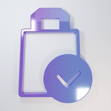 Gri arkaplanda mor-mavi kağıt alışveriş torbası simgesi izole edildi. Paket işareti. Minimalizm kavramı. 3 Boyutlu resimleme.