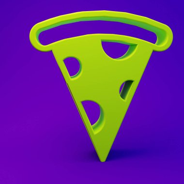 Mor-mavi arka planda izole edilmiş yeşil dilim pizza ikonu. Fast food menüsü. Minimalizm kavramı. 3 Boyutlu resimleme.