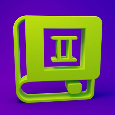 Mor-mavi arkaplanda izole edilmiş Yeşil Kitap simgesi. İkinci cilt. Minimalizm kavramı. 3 Boyutlu resimleme.